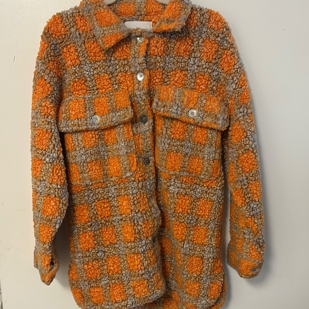 Orange and Gray Plaid Sherpa Jacket